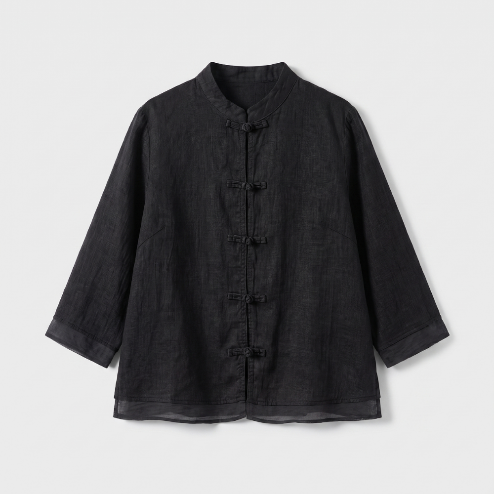 Mandarin Collar Frog Button Linen Blouse