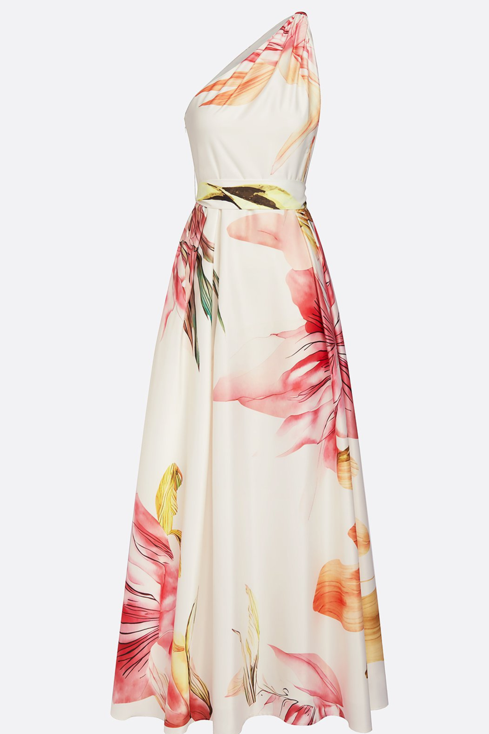 Women's floral satin maxi dress in pink – flowing A-line wedding guest dress