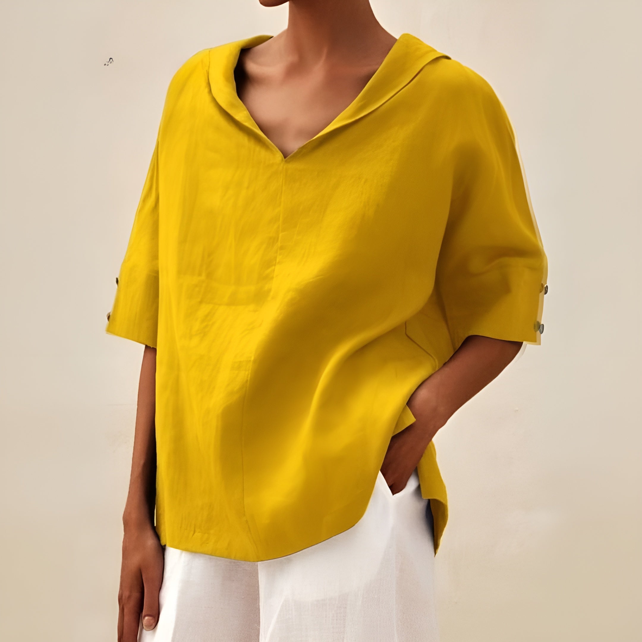 Relaxed drape casual blouse in yellow, front view