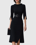 Belted High-Neck Black Midi Dress
