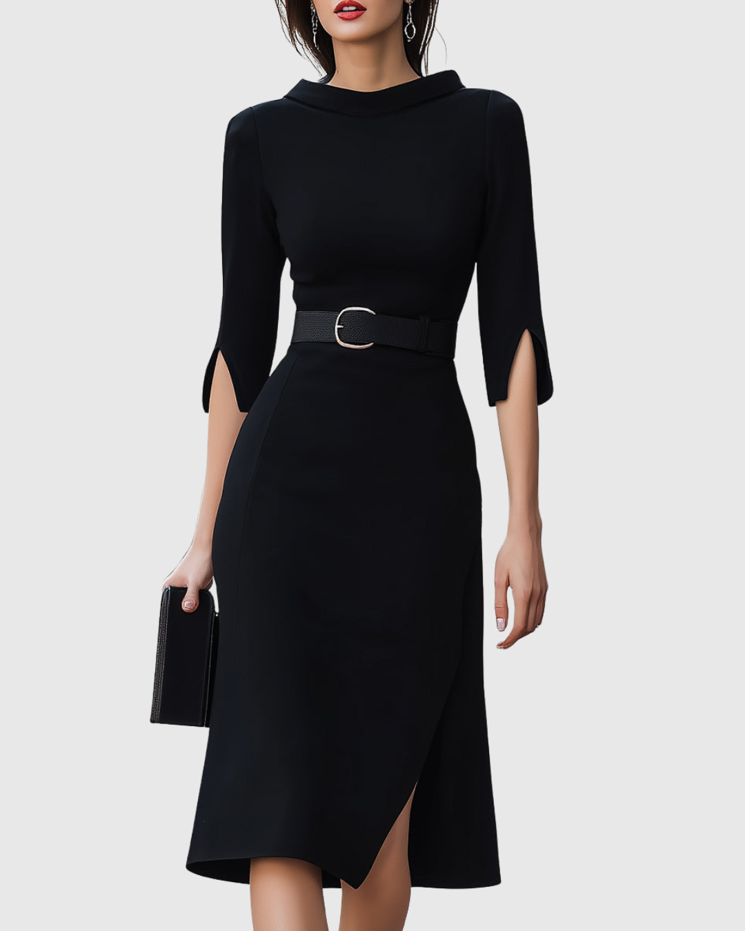 Belted High-Neck Black Midi Dress