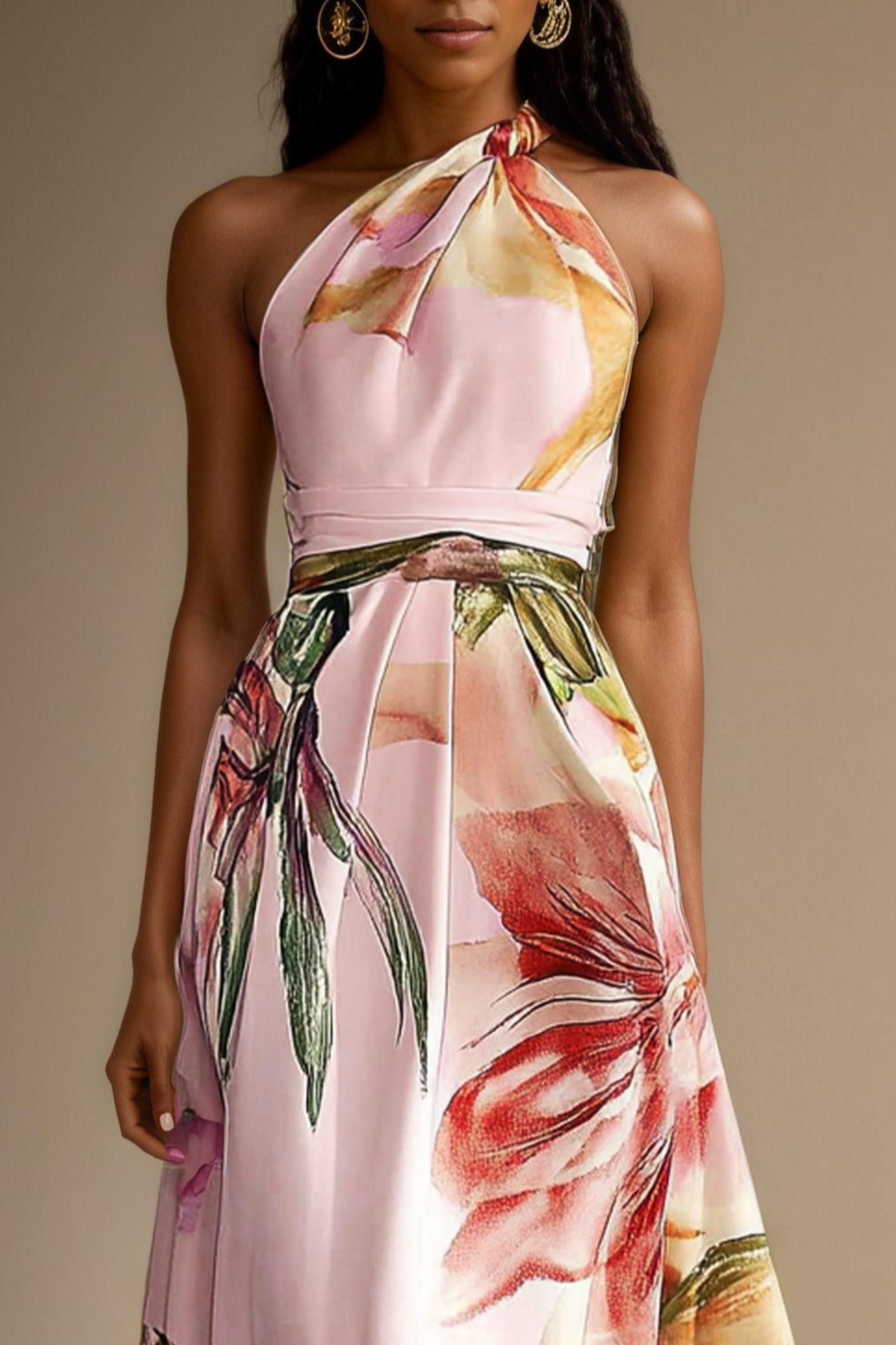 Women's floral satin one shoulder maxi dress in pink – close-up floral print