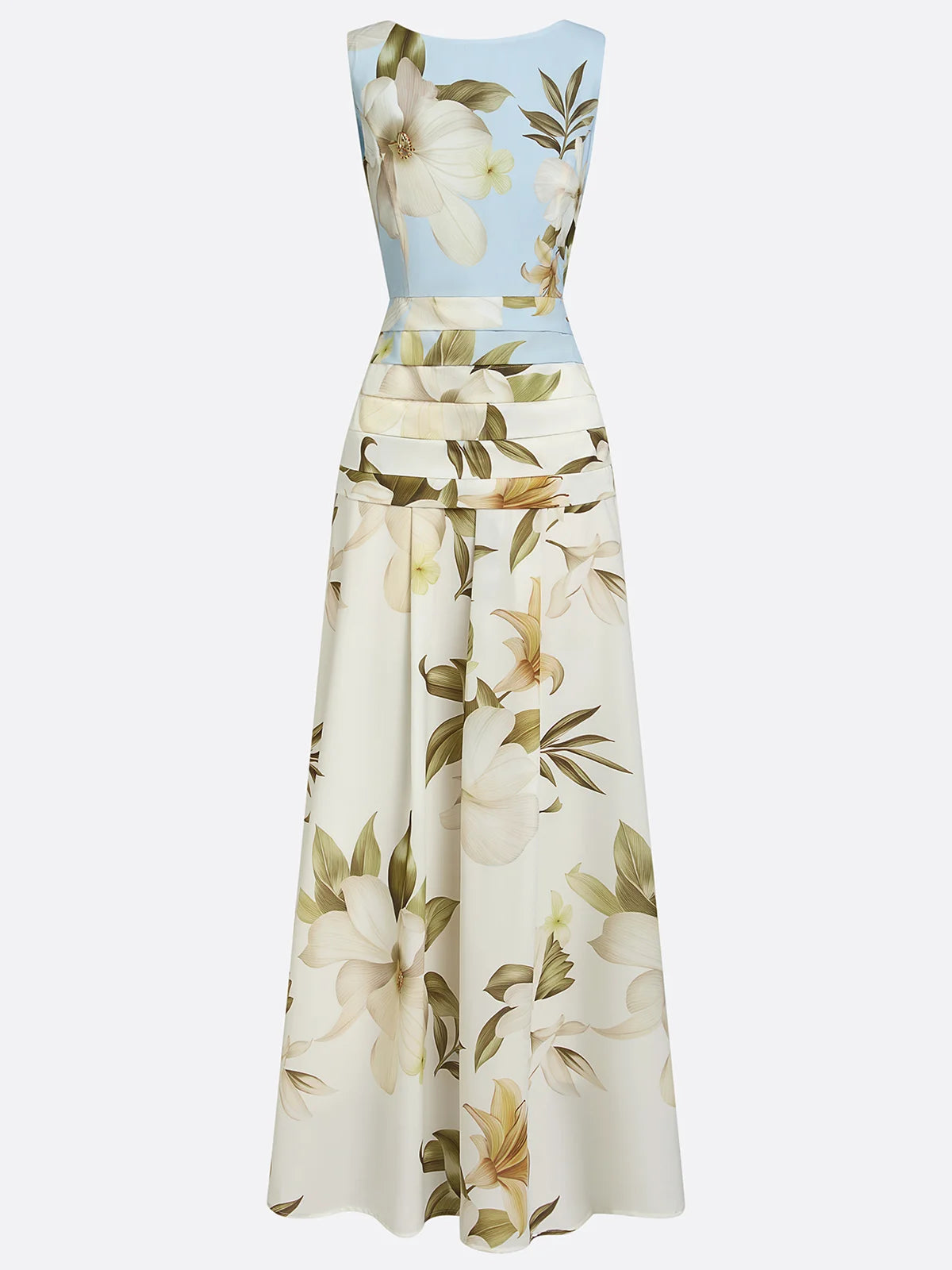 Women's Floral Boat Neck Sleeveless Maxi Dress in light blue three-quarter view - Elegant Wedding Guest Maxi Dress