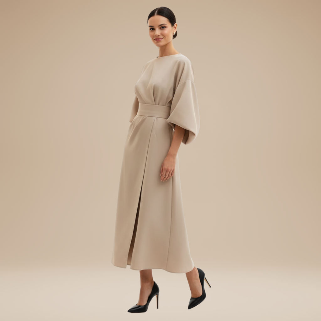 Belted wide sleeve wrap midi dress, styled occasion view