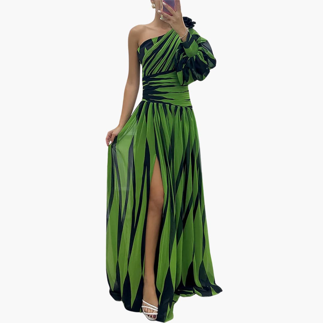One-shoulder dress neckline detail close-up