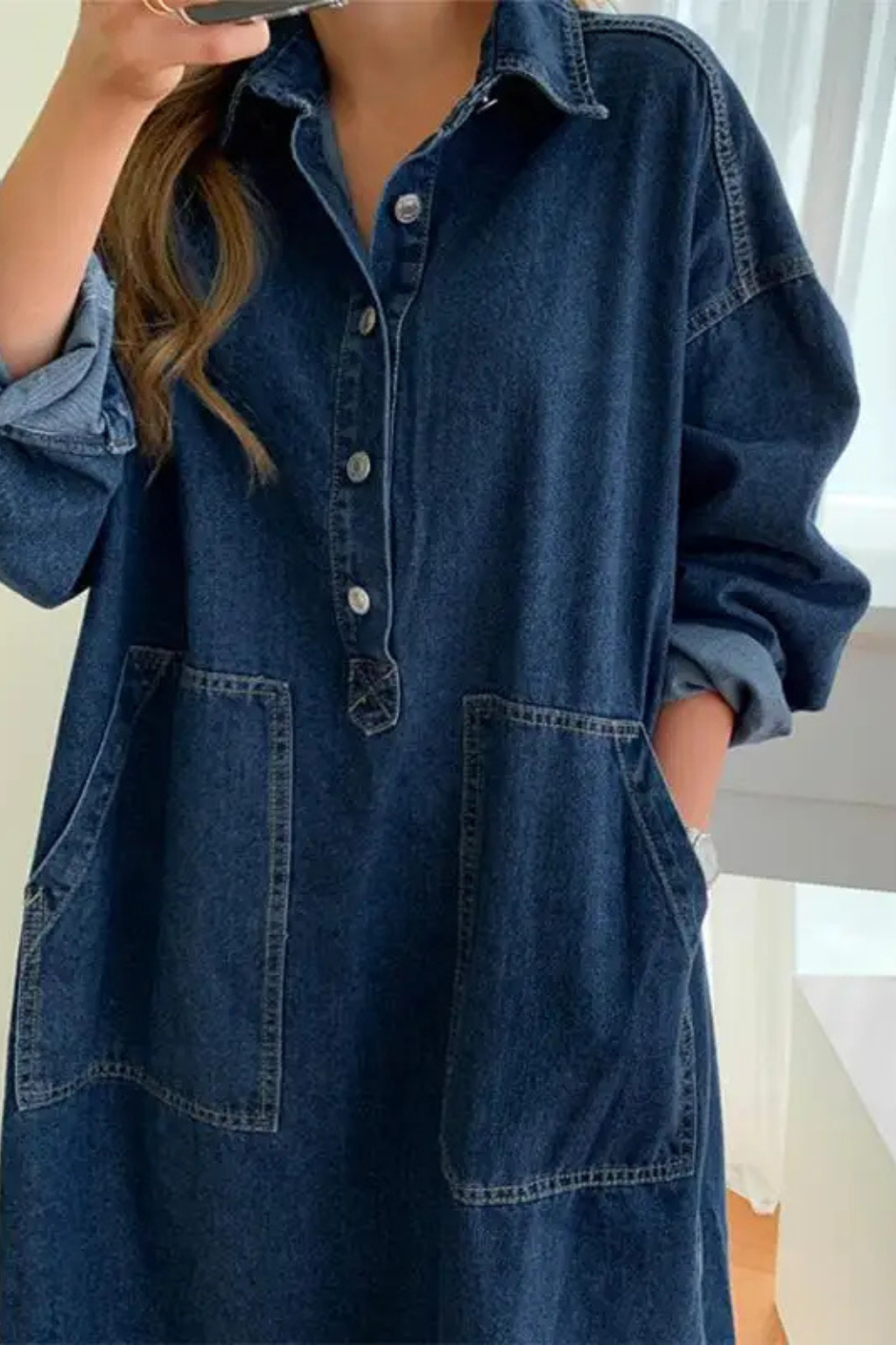 Women's oversized denim maxi dress with pockets, back view