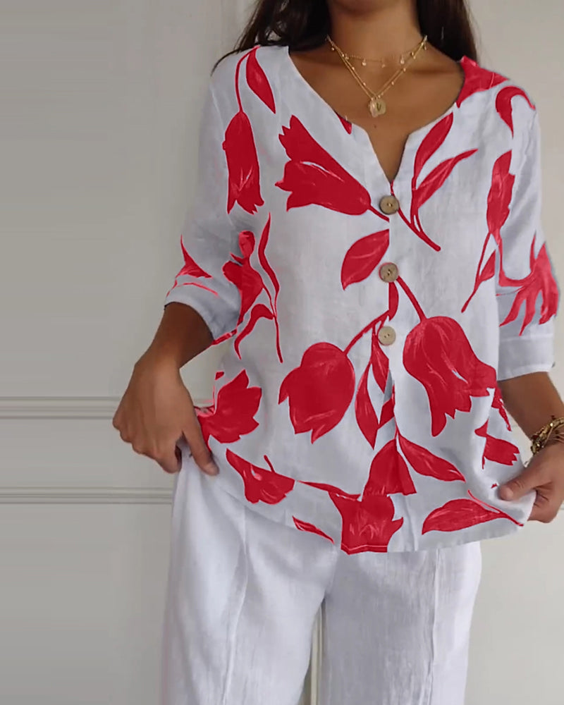 Floral Print Three Quarter Sleeve Cotton Linen Blouse