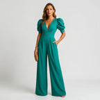 Women's formal wide leg jumpsuit with puff sleeves – back view