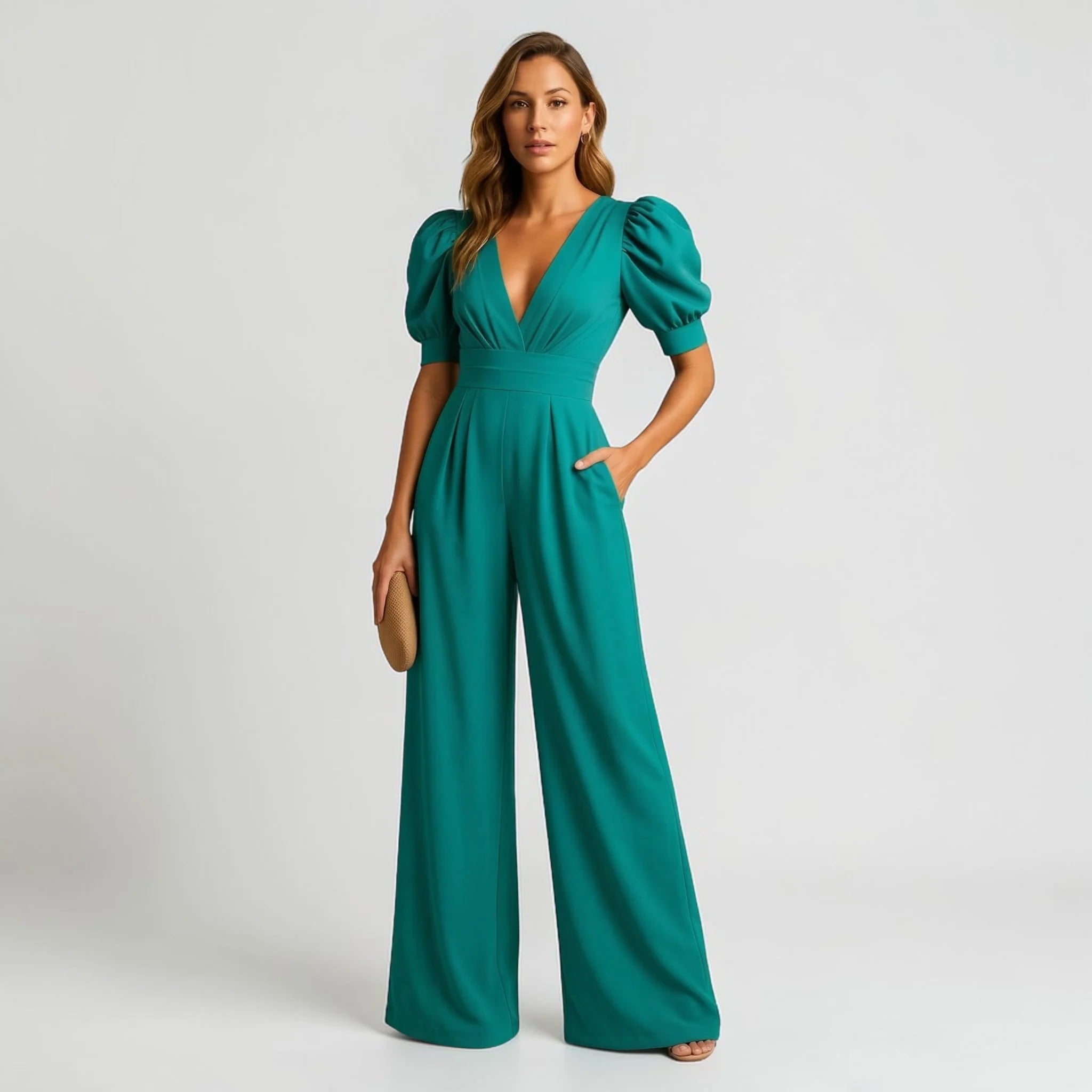Women's formal wide leg jumpsuit with puff sleeves – back view