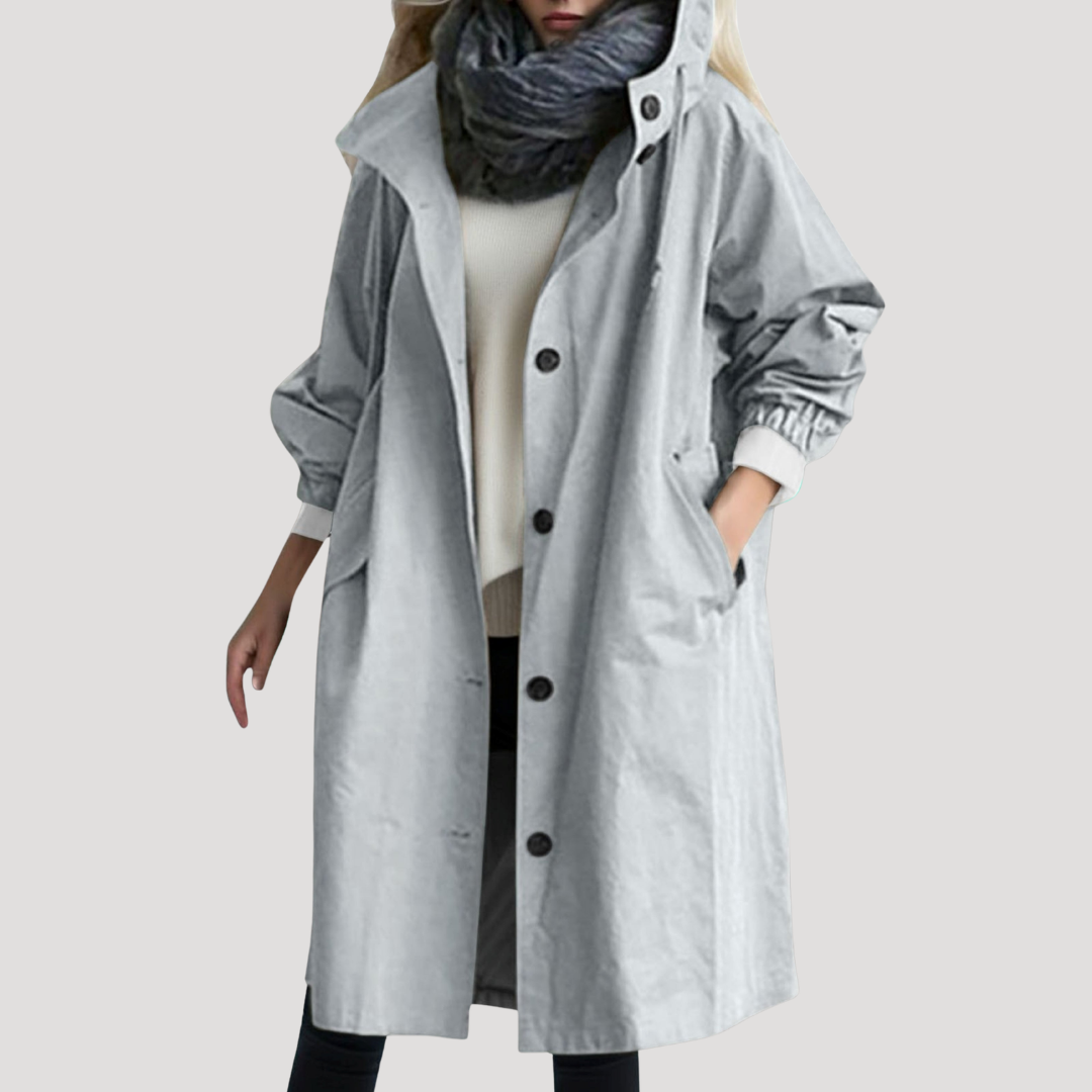 Relaxed hooded button front coat with an everyday cut
