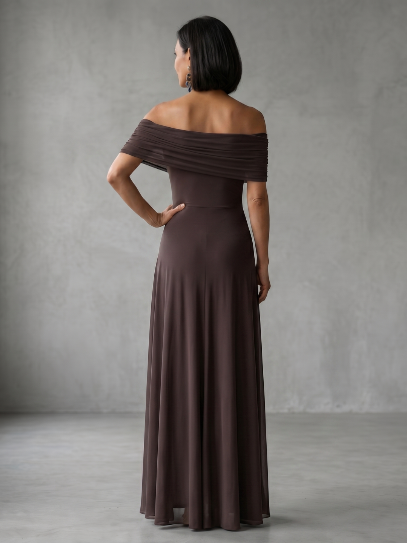 Off-shoulder draped midi dress, side view