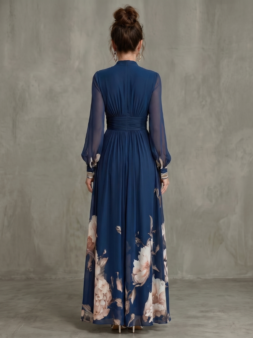 Pleated sheer sleeves maxi dress, pleated detail
