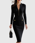 Zip-Front Ribbed Knit Midi Dress