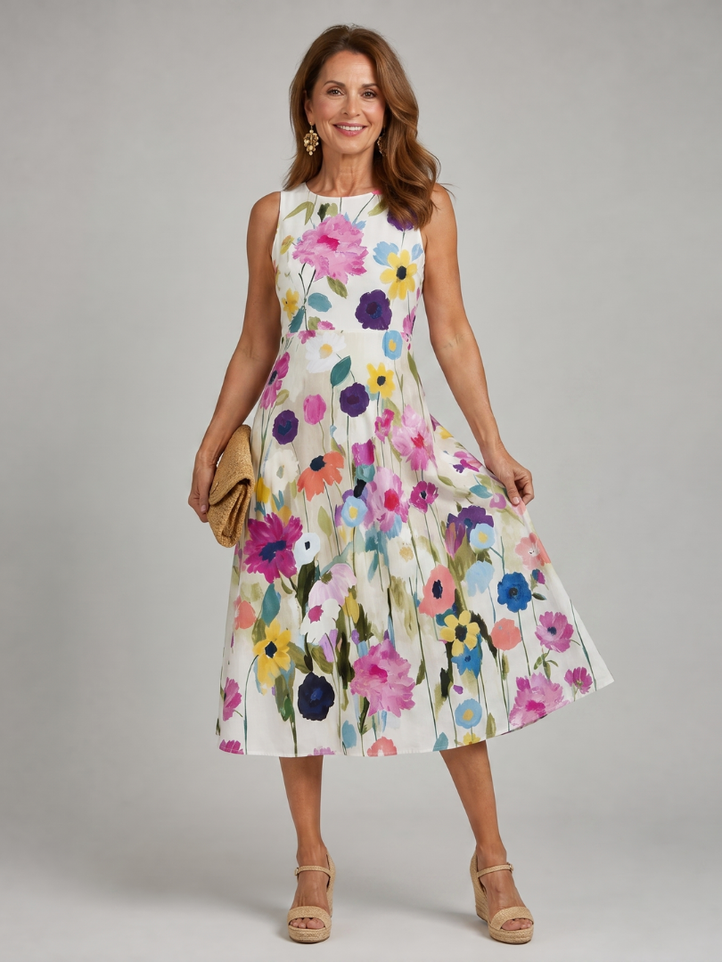 Flory floral round neck midi dress, side view