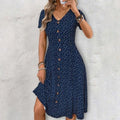 Polka dot button-front V-neck occasion midi dress in navy, front view