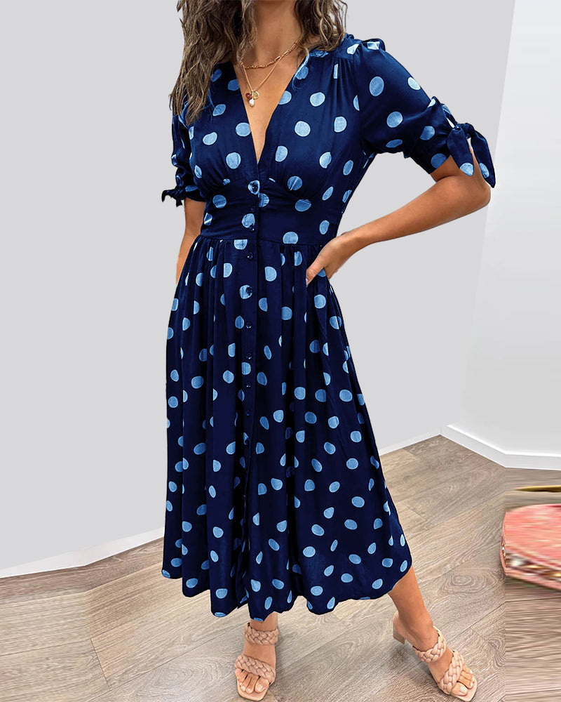 V-Neck Polka Dot Midi Dress Button Front | Alba Muse