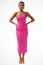 Women's strapless sweetheart ruched midi dress detail shot