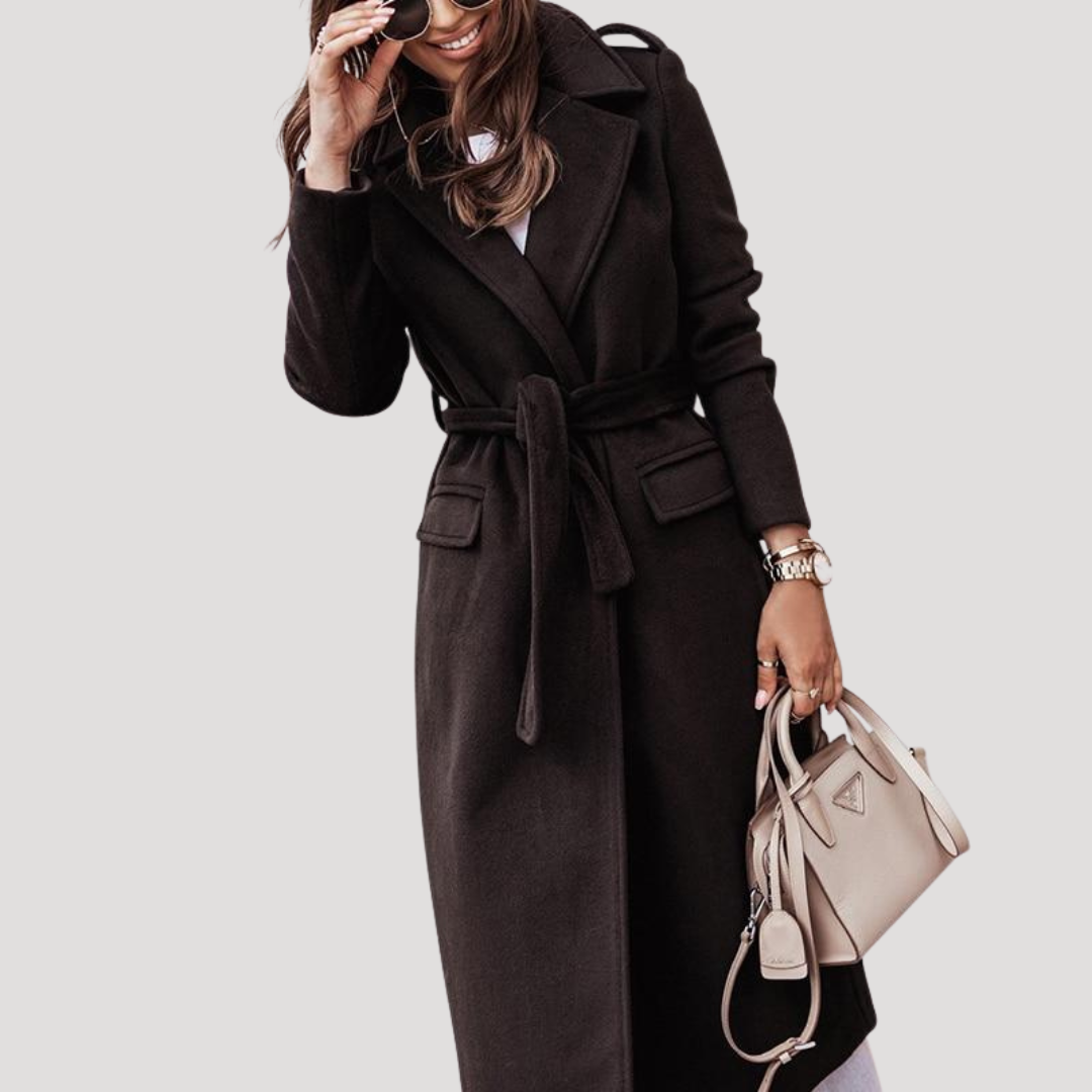Longline tie belt coat with long sleeves