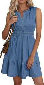 Women's lyocell denim casual everyday mini dress, back view