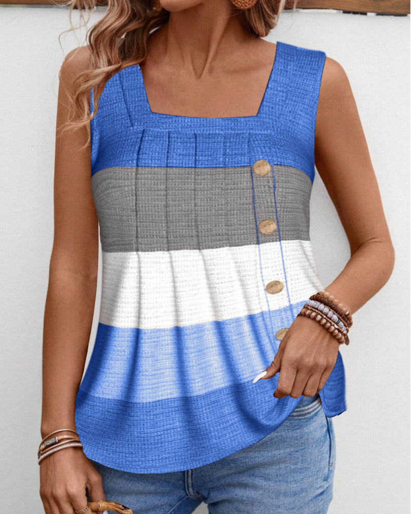 Striped Square Neck Shirred Button Sleeveless Vest Top