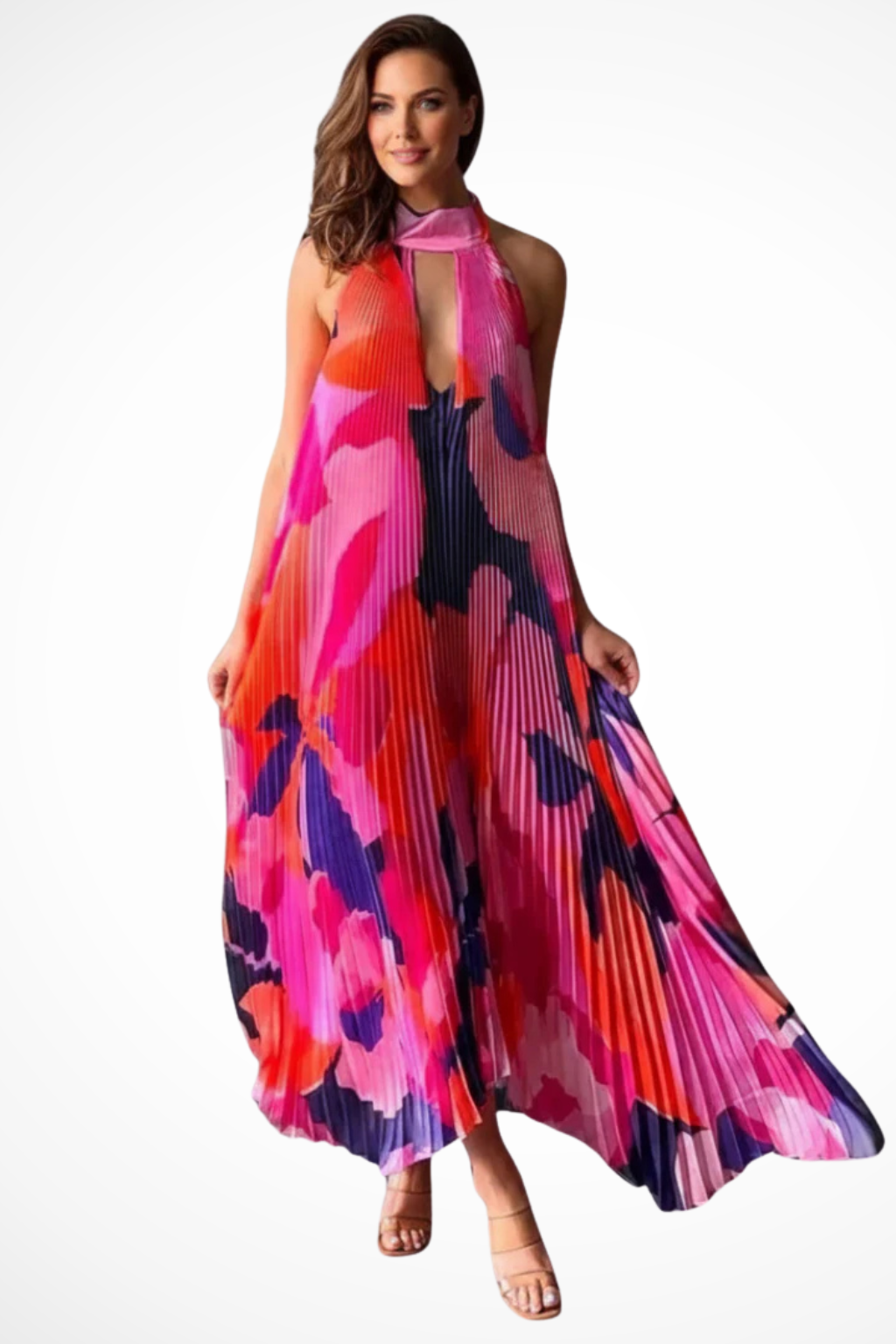 Women's printed pleated halter neck maxi dress in multi-colour floral print, front view