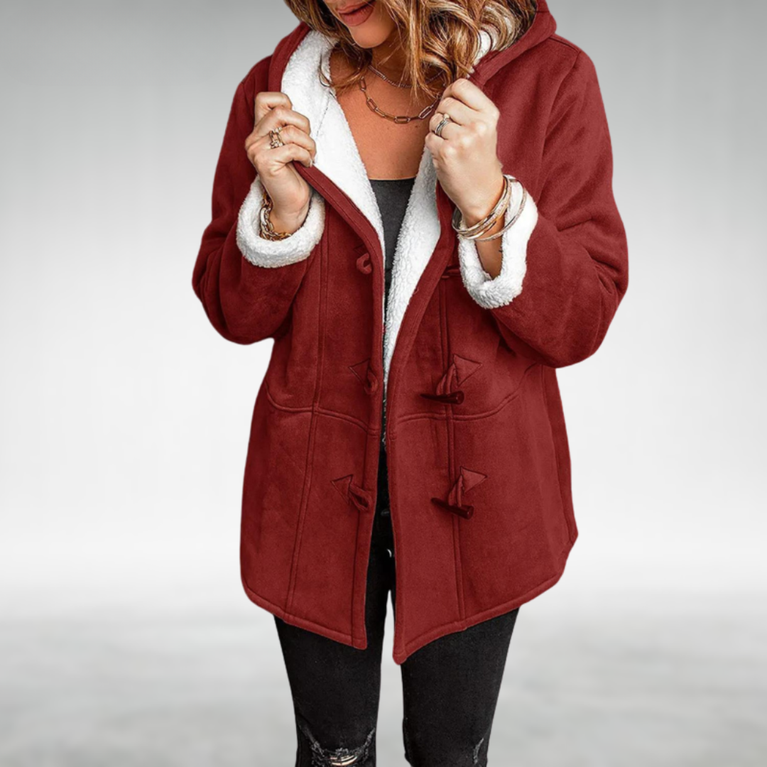 Fleece lined hooded toggle winter coat with a toggle closure