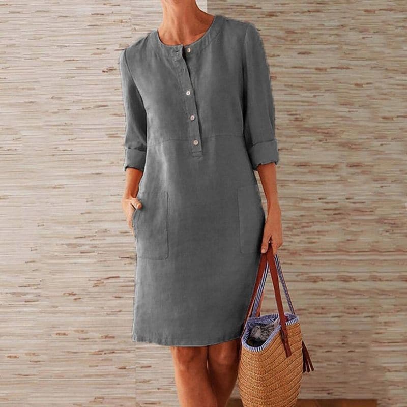 Women's casual everyday cotton linen button-front shift dress, back view