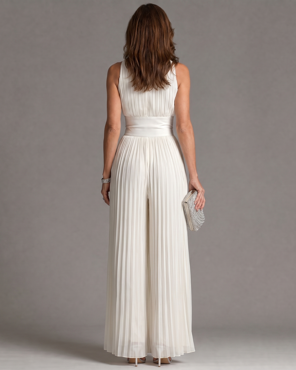 Wide leg pleated jumpsuit front view | Alba Muse