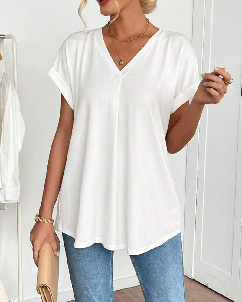 V-Neck Solid Colour Patchwork Short Sleeve T-Shirt