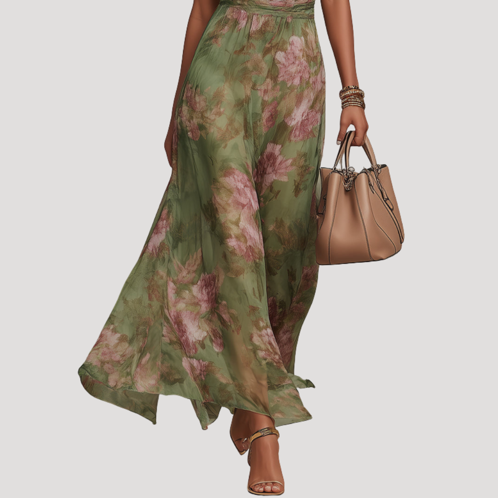 Elegant green floral halter neck maxi dress, back view
