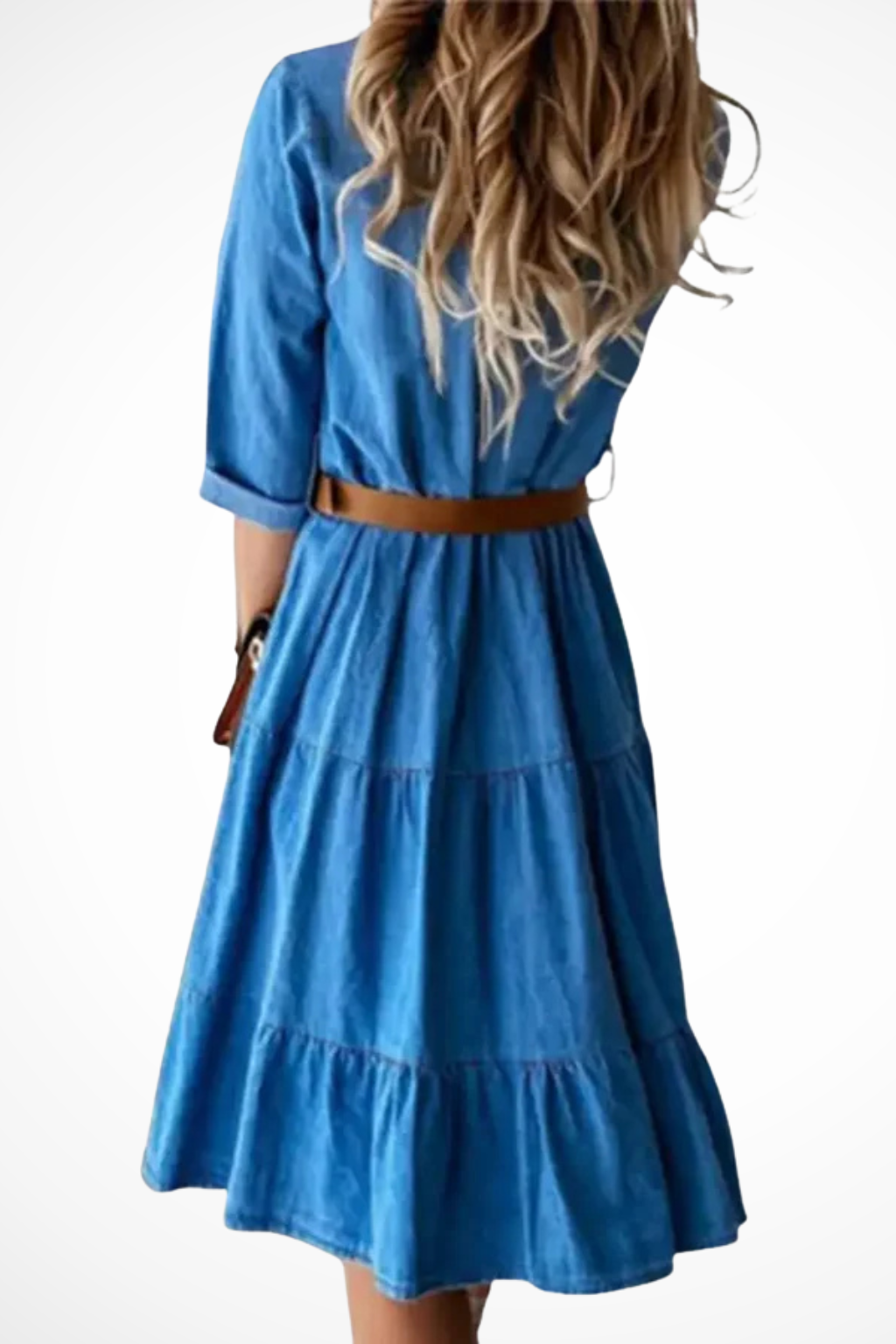 Women's denim tiered midi dress with adjustable belt, three-quarter view