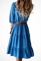 Women's denim tiered midi dress with adjustable belt, three-quarter view