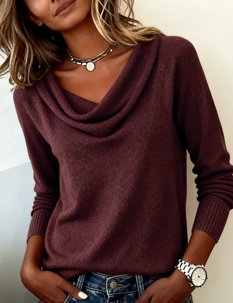 Long Sleeve Cowl Pile Collar Solid Colour Jumper