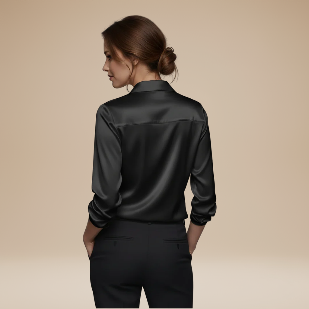 Women's satin blouse in black – long sleeve back view