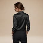 Women's satin blouse in black – long sleeve back view