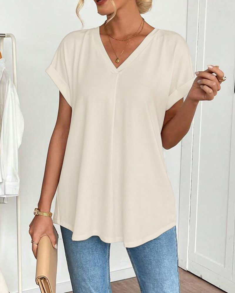 V-Neck Solid Colour Patchwork Short Sleeve T-Shirt