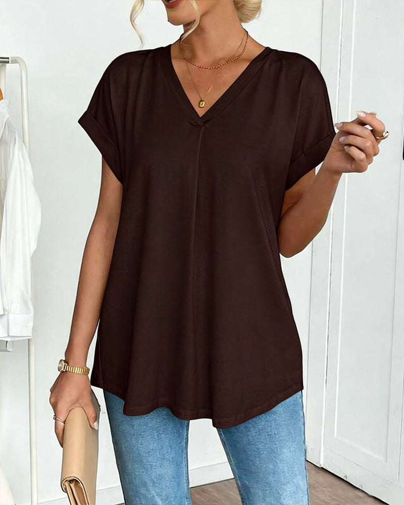 V-Neck Solid Colour Patchwork Short Sleeve T-Shirt
