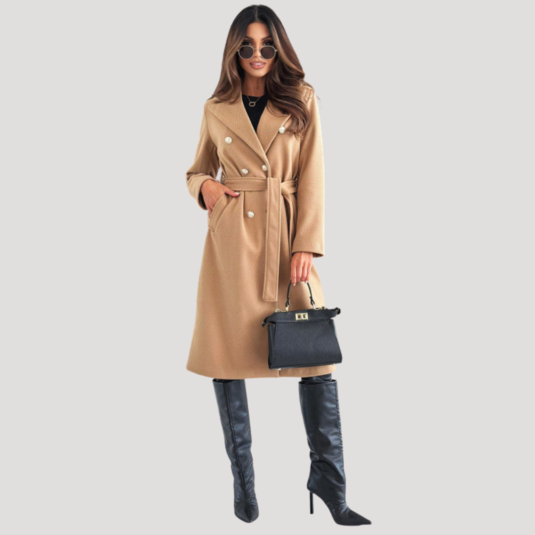 Double breasted belted longline coat with a classic lapel collar