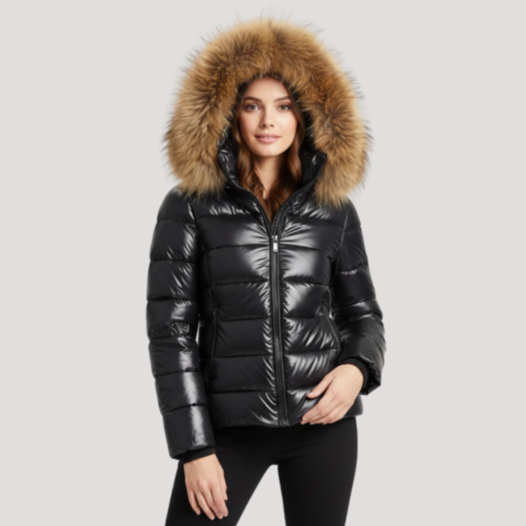 Faux fur trim glossy hooded puffer jacket with a quilted silhouette