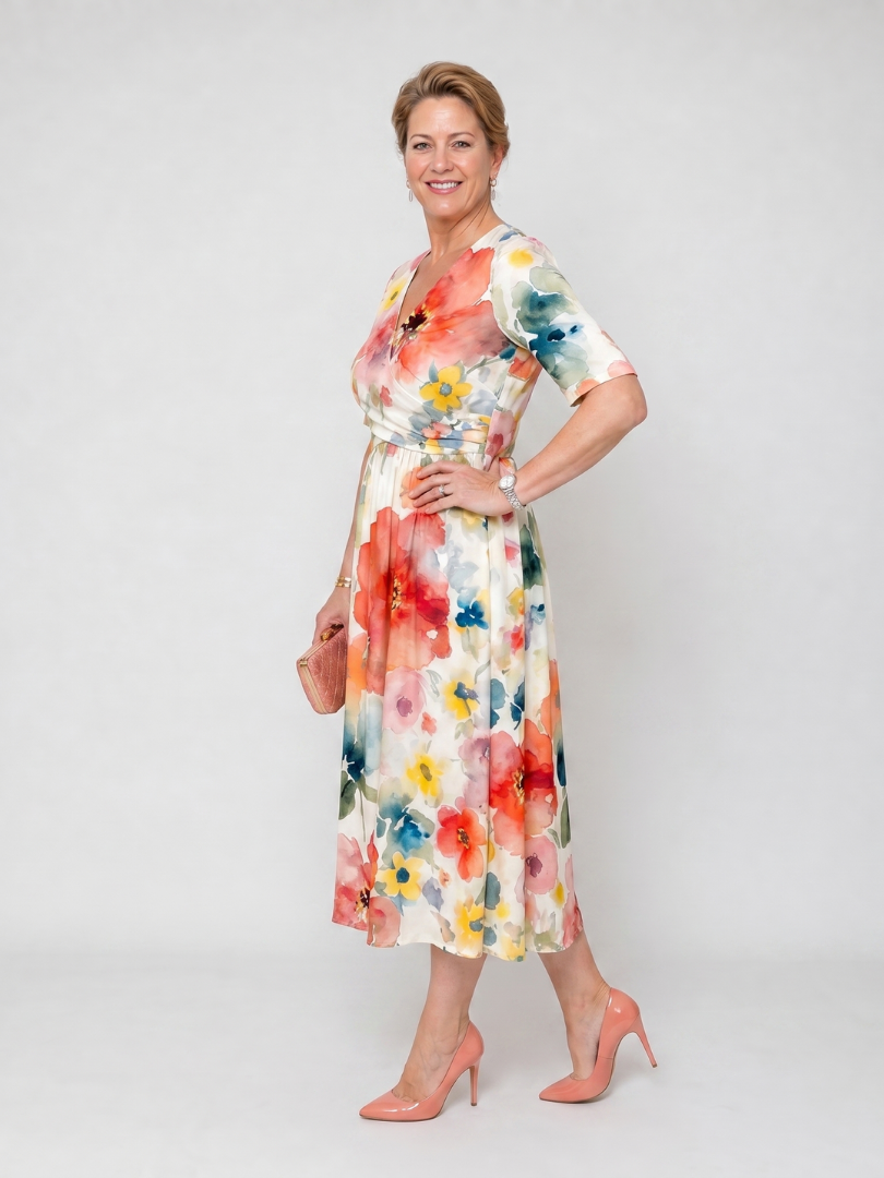 Corinne floral short sleeve midi dress, full length view