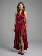 Halter wrap dress with side tie and fluid drape, side view