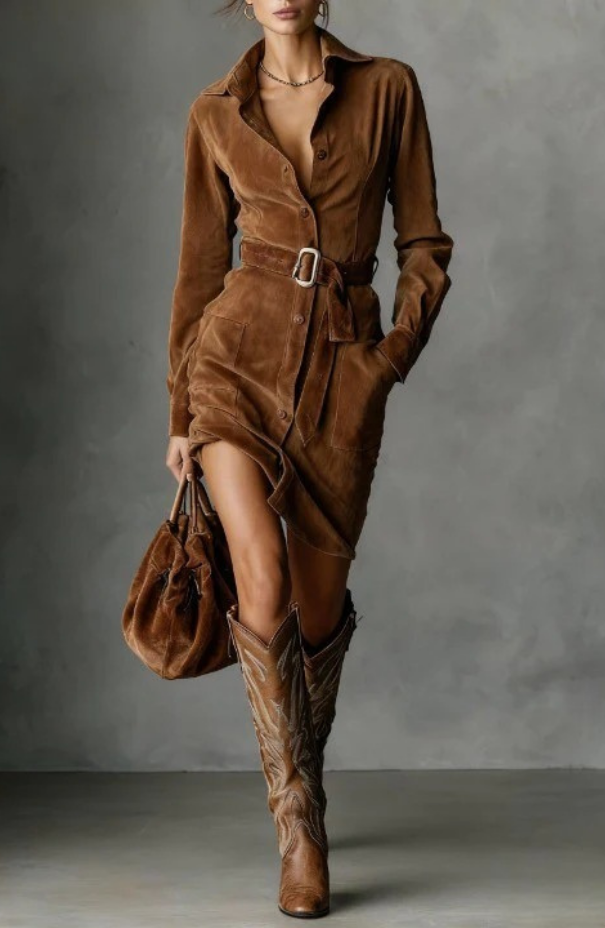 Brown Collared Button-Front Shirt Dress