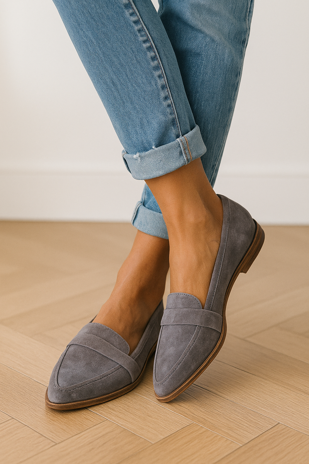 Women's grey suede low heel loafers with pointed silhouette, side view