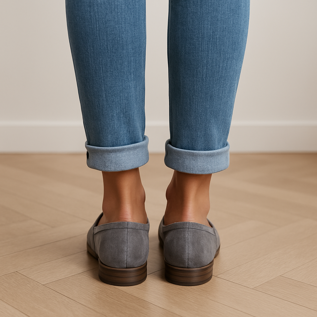 Grey suede loafers with minimal strap detail and low heel, front view