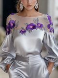 Women's Mesh Floral Embroidered Satin Blouse