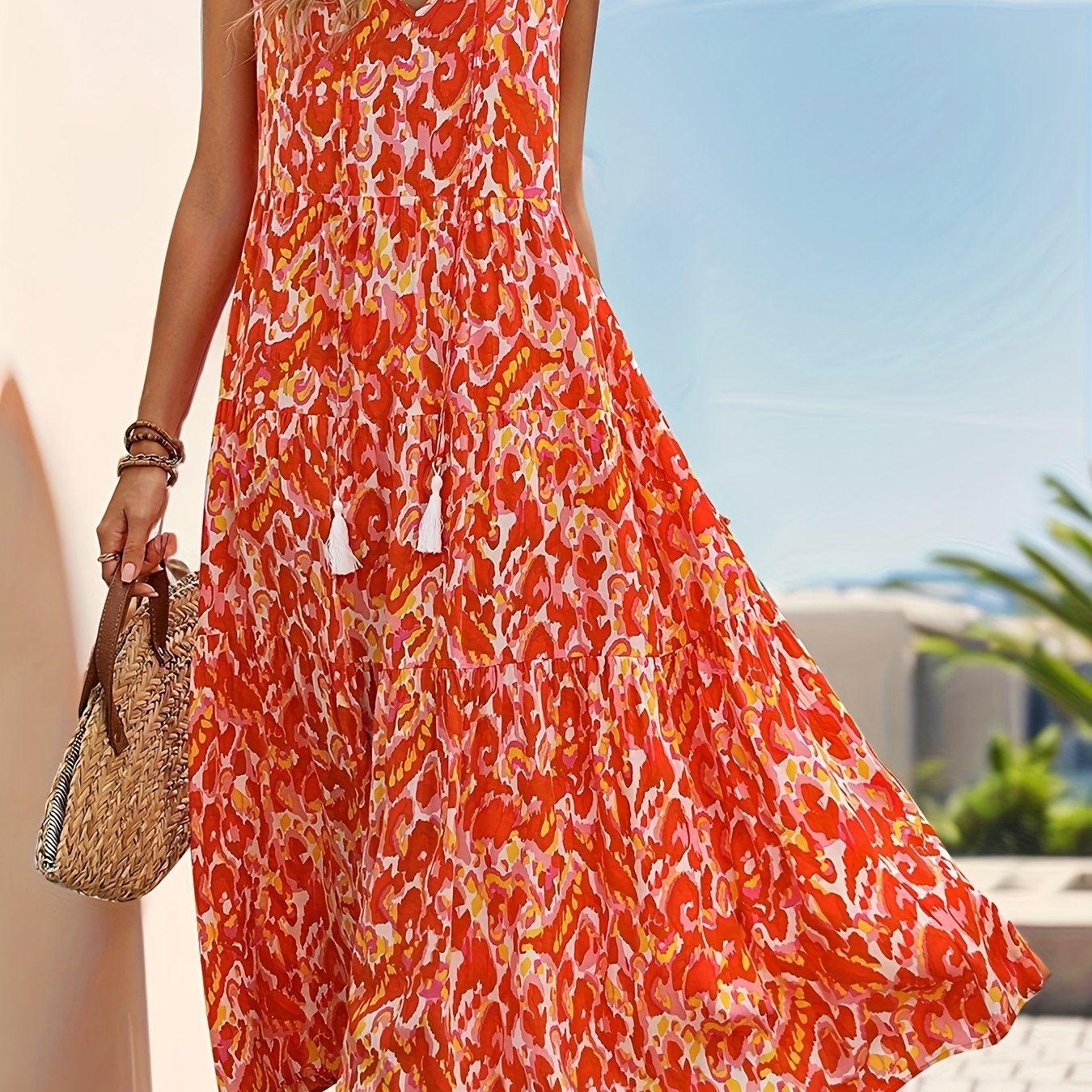 Sleeveless boho fringe tie-up printed midi dress | Alba Muse