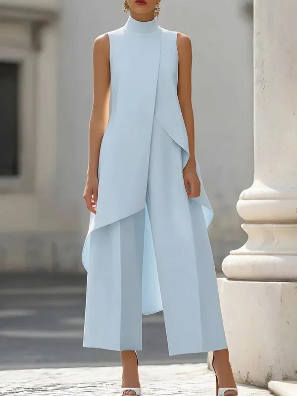 Sleeveless layered tunic co-ord set in cream white, detail view