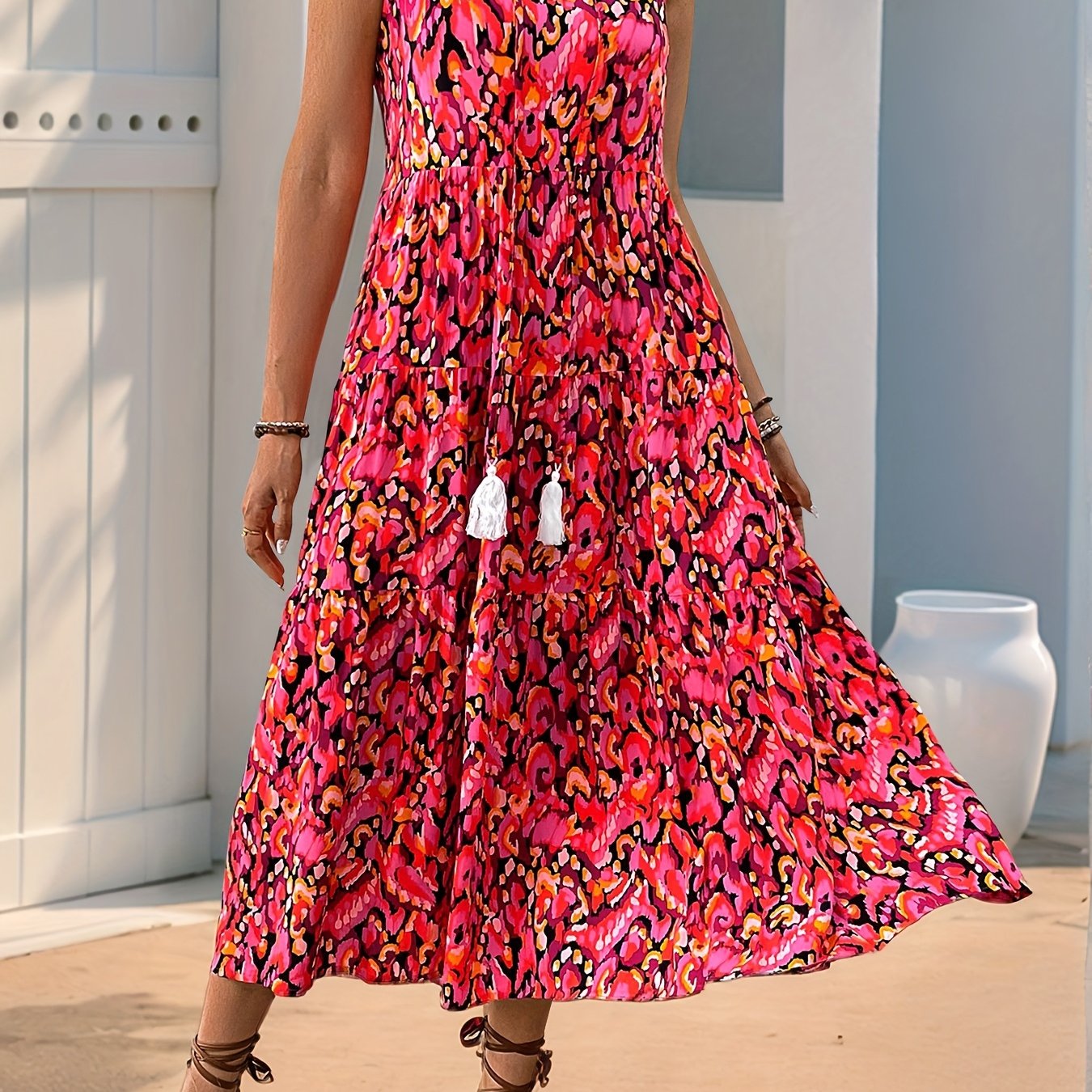 Sleeveless boho fringe tie-up printed midi dress | Alba Muse