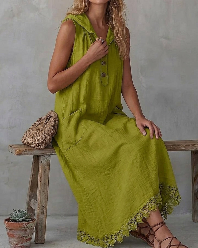 Sleeveless hooded midi dress, side view