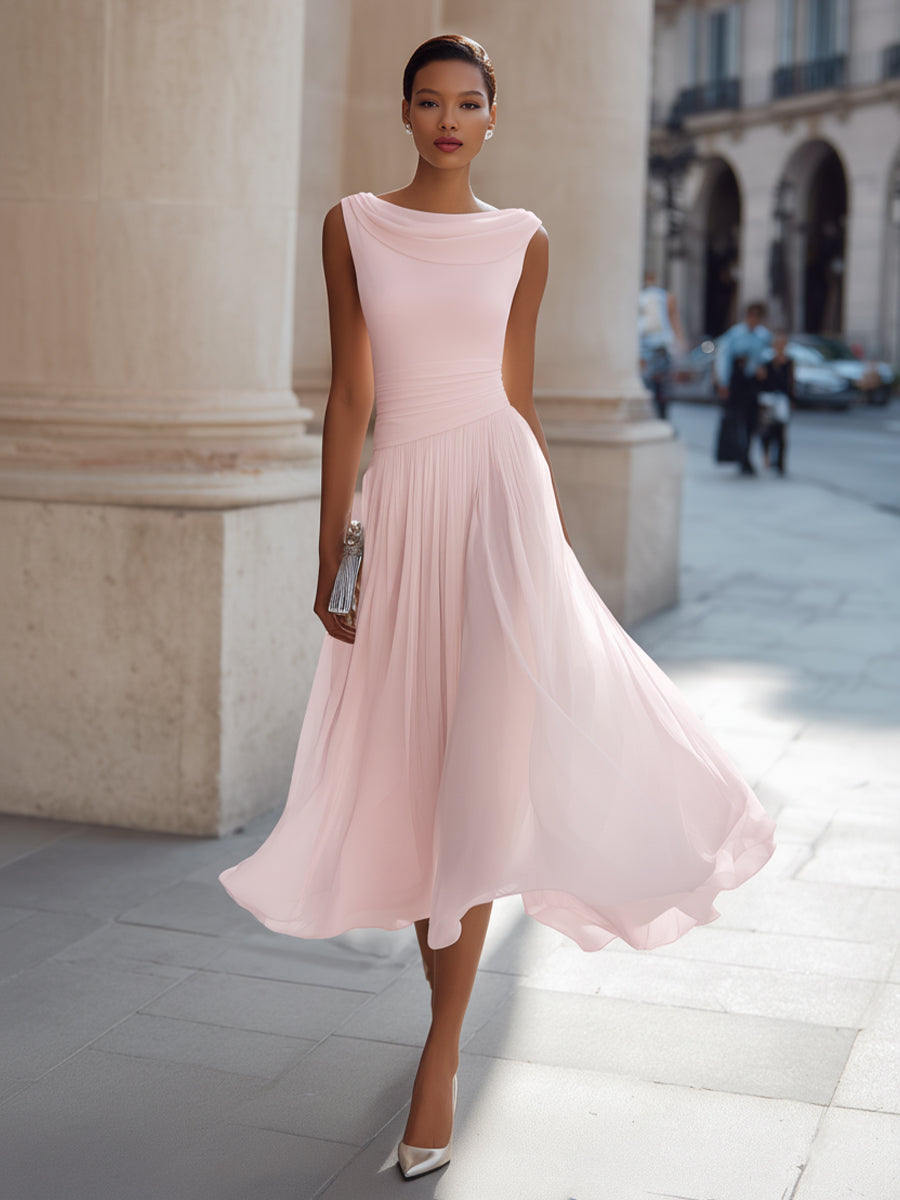 Draped neck midi dress in white, elegant neckline close up
